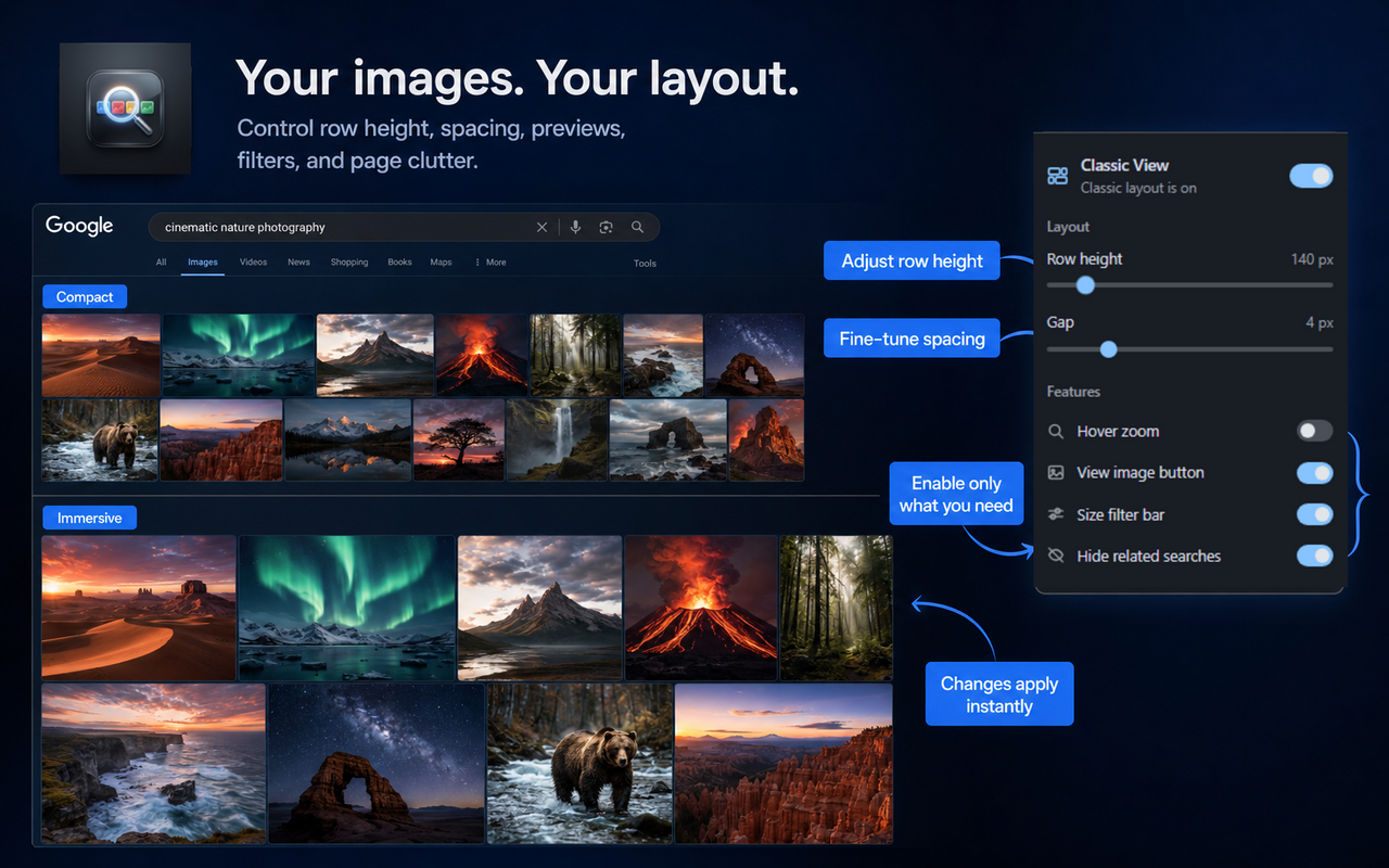 Controls for adjusting Google Images row height, spacing, and visible features
